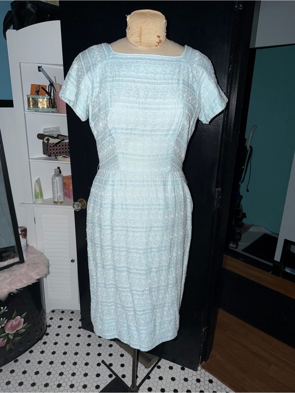 Vintage Classic Light Blue Textured Sheath Dress - Women